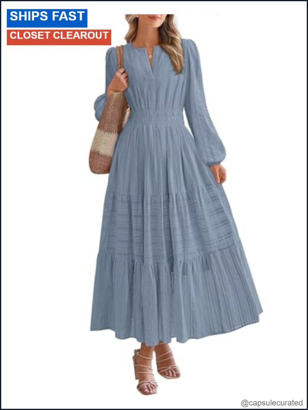 Women's Long Sleeve Maxi Dress with Pockets V-Neck Flowy Wedding Guest